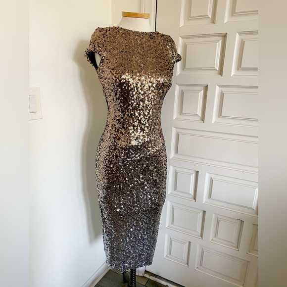 Dress The Population Ombré Gold Silver Sequin Dress Cap Sleeve Low Back Medium - Picture 3 of 12